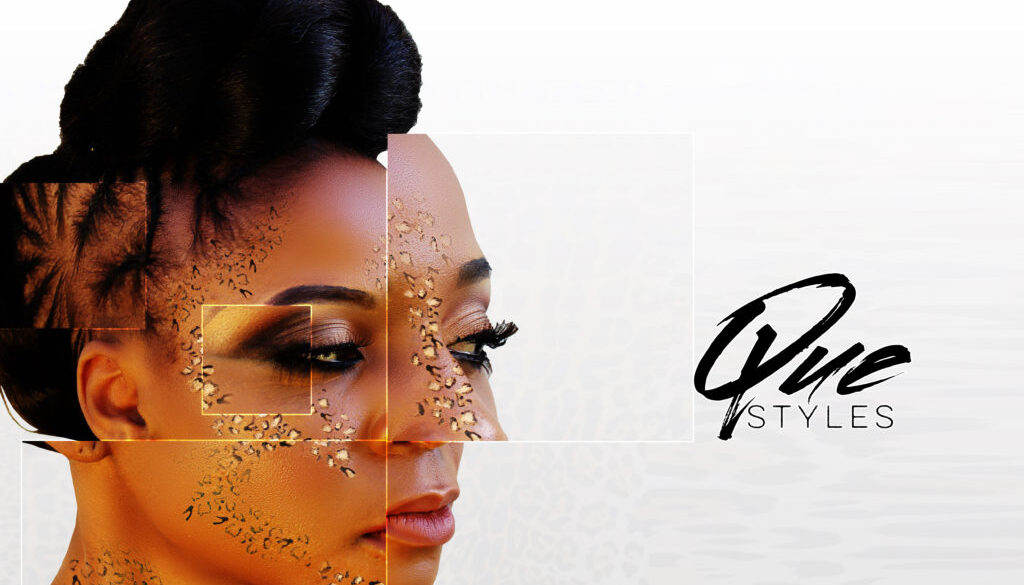 Profile of a woman with styled hair and makeup against a white background.