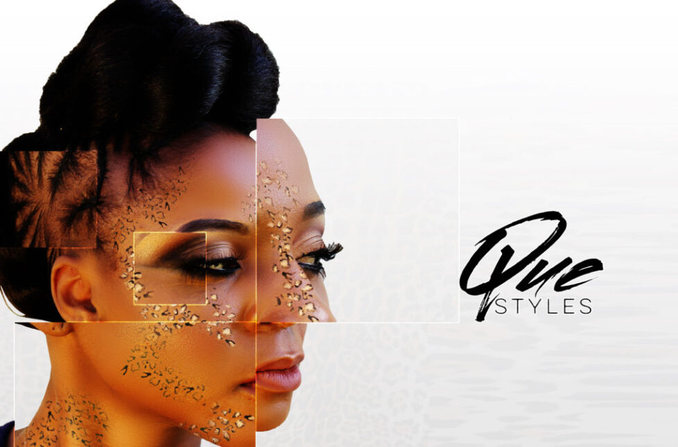 Artistic double exposure portrait of a woman with dramatic makeup.